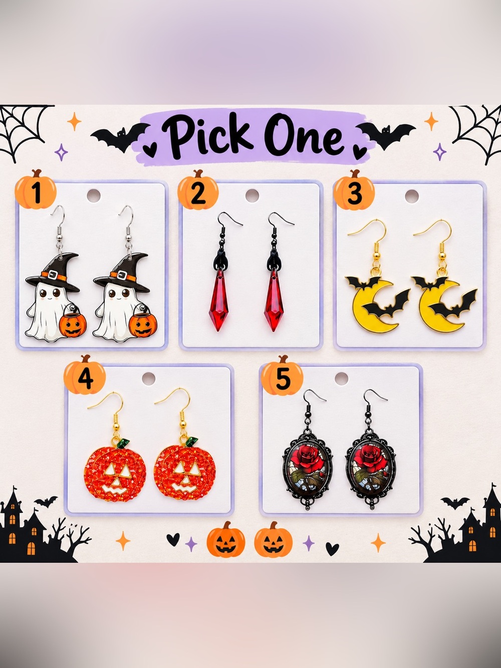 Halloween Earrings - Choose Style in White, Red, Yellow, Orange, Black